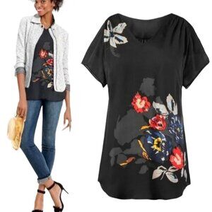 CAbi Fiore Black Blouse with Colorful Floral Design - Sheer - VNeck - Medium